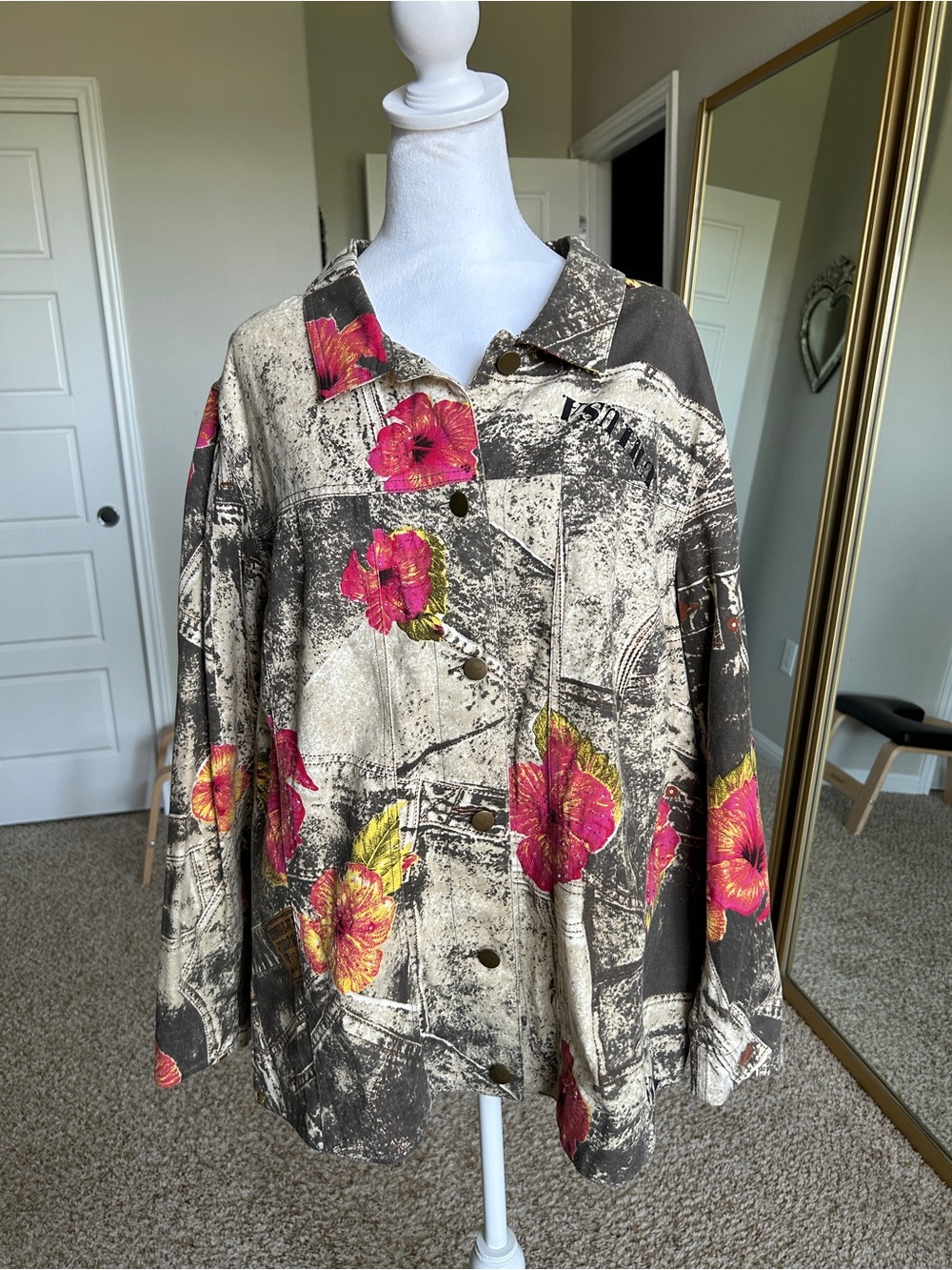 STONEBRIDGE SIGNATURE Khaki & Pink Floral Honolulu Hawaii Jean Jacket Size 2X